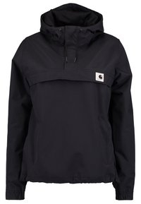 Black pullover jacket with a high neck, front pocket, drawstring hood, and elastic cuffs. Features a small logo label on the chest.