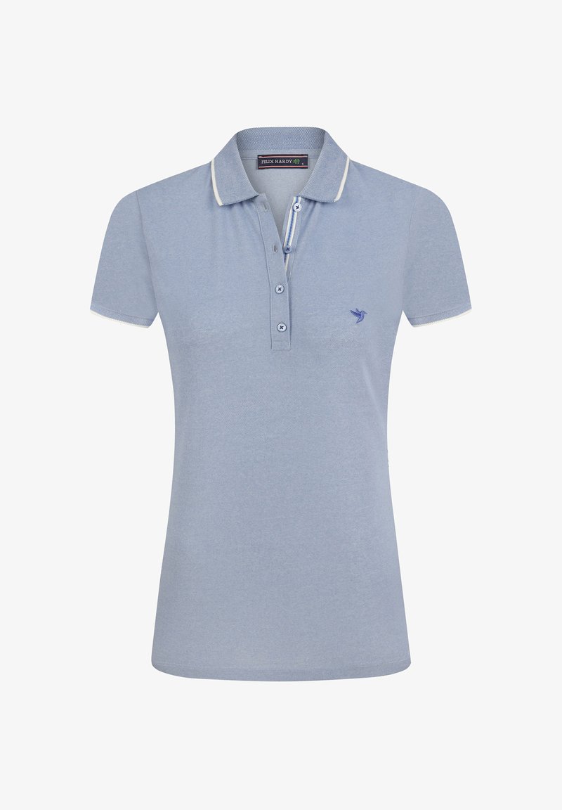 Polo shirt azzurro chiaro con maniche corte, placca con due bottoni, rifinitura del colletto bianca e logo di un uccello ricamato sul lato sinistro del petto.