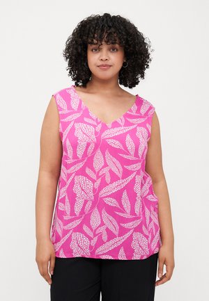 Pink sleeveless top with a v-neck, featuring a white leaf pattern, lightweight fabric, and a relaxed fit. Accents include side pockets.