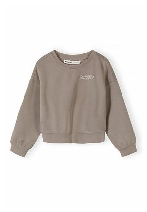 Taupe kort sweatshirt med lange ærmer og hvid "California Los Angeles" tekst på øverste venstre bryst.