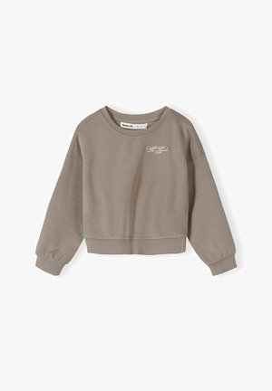 Krojen pulover v barvi taupe z dolgimi rokavi in belim napisom "California Los Angeles" na zgornjem levem delu prsnega koša.