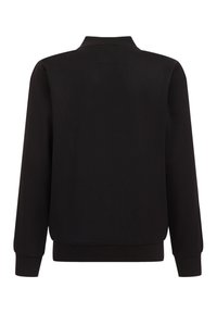 Czarna bluza z okrągłym dekoltem, ribbowanymi mankietami i dołem, gładką teksturą oraz prostym wzornictwem. Brak widocznych logo i wzorów.