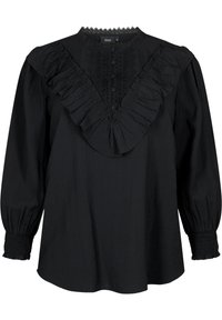 Blouse noire avec un décolleté en V à volants, des boutons détaillés et des manches longues bouffantes avec des poignets froncés.