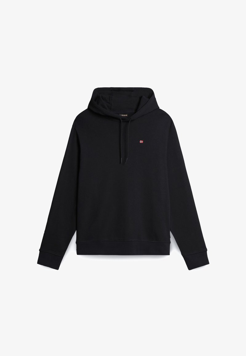 Zwarte hoodie met lange mouwen, capuchon met koordsluiting aan de voorkant en een klein rood-wit vlaggenembleem op de linkerborst.