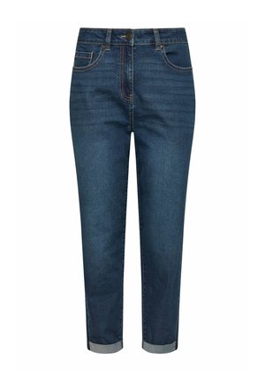 Donkerblauwe spijkerbroek met omgeslagen boorden, voorzakken, knoopsluiting en een rechte pijp.