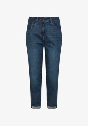 Ciemnoniebieskie dżinsy z denimu z podwiniętymi mankietami, przednimi kieszeniami, zapięciem na guziki i prostym krojem nogawek.