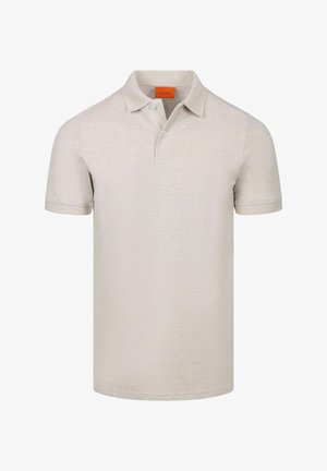 Hellbeiges kurzärmeliges Poloshirt mit umgeschlagenem Kragen und zweiknopfbesetzter Leiste aus strukturiertem Stoff.