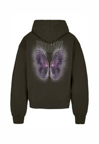 Dark green cropped hoodie featuring a large butterfly graphic on the back in purple hues, with a ribbed hem and cuffs.