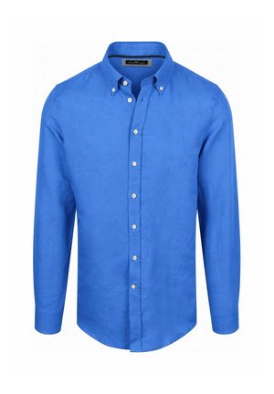 Blauw overhemd met lange mouwen, knopen en een boord met knopen, getoond van voren op een witte achtergrond.