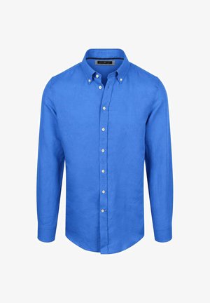 Blaues Langarmhemd mit Knöpfen und knöpfbarem Kragen, von vorne auf weißem Hintergrund gezeigt.