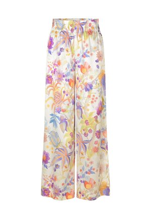 Flowy wide-leg pants made of lightweight fabric featuring a colorful floral pattern in shades of purple, orange, and yellow on a cream background.