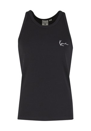 Camiseta sin mangas negra hecha de tejido acanalado, con cuello redondo y un pequeño logo blanco en el área izquierda del pecho.