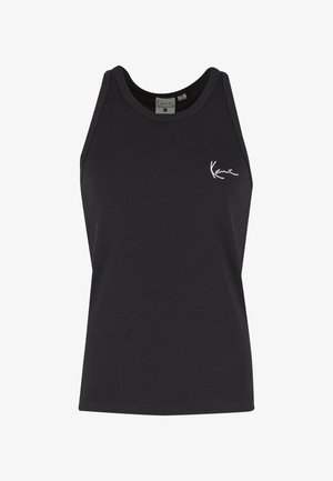 Zwart mouwloos tanktop van ribstof, met een ronde halslijn en een klein wit logo op het linkerborstgebied.