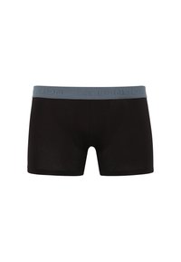 Black boxer briefs made of smooth fabric with a light grey elastic waistband featuring “LONDON” embossed. Classic fit with a snug design.