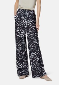 Wide-leg pants in black fabric featuring a white and pastel speckled pattern. Designed with a high waist and side pockets for functionality.