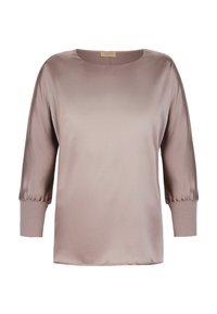 Blusa in raso color malva chiaro con maniche a sbuffo 3/4 e polsini larghi a coste, scollo rotondo e vestibilità rilassata.