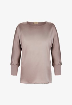 Helllila satin Bluse mit 3/4 Puffärmeln und breiten gerippten Bündchen, rundem Ausschnitt und lockerer Passform.