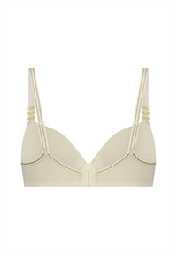 Lys beige bh med skumkopper, justerbare stropper med guld accenter og en glat tekstur. Designet inkluderer en simpel lukning på ryggen.