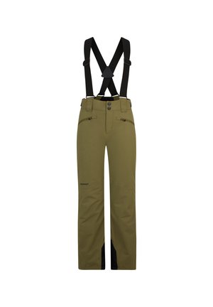 Olive green ski pants with black adjustable suspenders, front zip pockets, and reinforced black lower panels for durability and weather resistance.