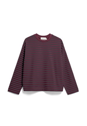 Langarm t-shirt met een crewneck, met horizontale donkergrijze en bordeauxrode strepen, plat weergegeven tegen een witte achtergrond.