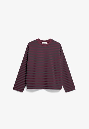 T-shirt à manches longues à col rond avec des rayures horizontales gris foncé et bordeaux, présenté à plat sur un fond blanc.