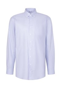 Camicia azzurro chiaro con colletto appuntito, maniche lunghe e un motivo testurizzato sottile. Presenta una tasca sul petto e bottoni bianchi.