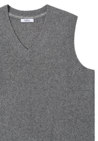 Maglione grigio senza maniche con scollo a V, caratterizzato da un design a coste lavorate e un'etichetta "CECIL" al collo.