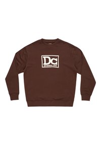 Bruine sweatshirt met lange mouwen, ronde hals en een wit grafisch logo binnen een rechthoekige rand aan de voorkant. Gemaakt van een katoenmix.