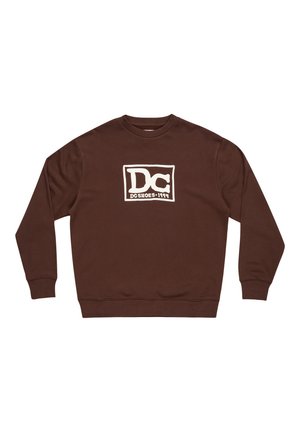 Brauner Pullover mit langen Ärmeln, Rundhalsausschnitt und einem weißen Grafiklogo innerhalb eines rechteckigen Rahmens auf der Vorderseite. Mischgewebe aus Baumwolle.