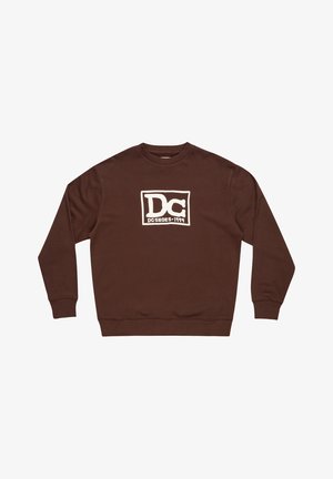 Hnědá mikina s dlouhými rukávy, kulatým výstřihem a bílým grafickým logem uvnitř obdélníkového rámečku na přední straně. Materiál z bavlněné směsi.