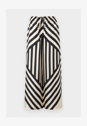 Παντελόνια με φαρδιά μπατζάκια, μαύρες και λευκές διαγώνιες και κάθετες ρίγες, ελαστική μέση και δέσιμο μπροστά.