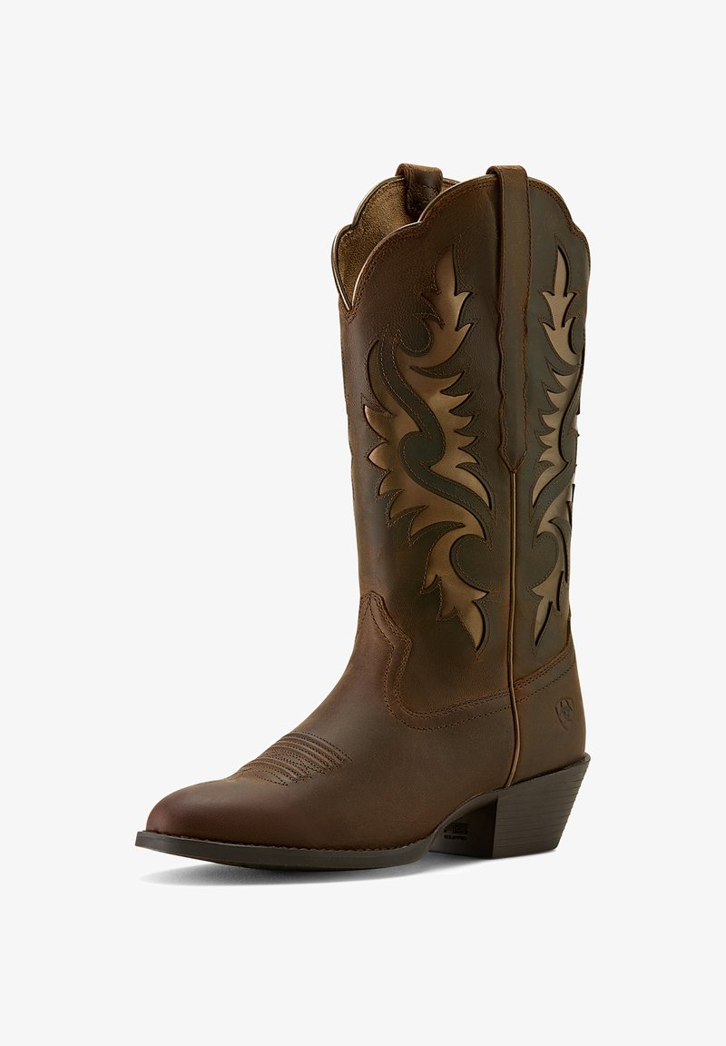 Brown leather cowboy boot with pointed toe, decorative cut-out design on shaft, textured stitching, and a medium angled heel.