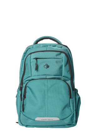 Mochila turquesa con múltiples compartimentos con cremallera, bolsillos laterales, una asa superior y un pequeño logo de hoja en el bolsillo frontal superior.