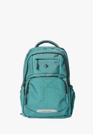 Mochila turquesa con múltiples compartimentos con cremallera, bolsillos laterales, una asa superior y un pequeño logo de hoja en el bolsillo frontal superior.