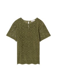 Haut à manches courtes vert olive en dentelle, présentant un motif floral et un dos en trou de serrure avec un ourlet en dents de scie.