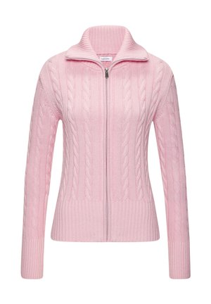 Hellrosa Strickpullover mit Reißverschluss, hohem Kragen sowie gerippten Bündchen und Saum.
