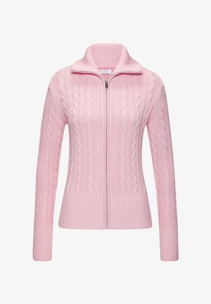 Light pink cable knit zip-up sweater with high collar and ribbed cuffs and hem.