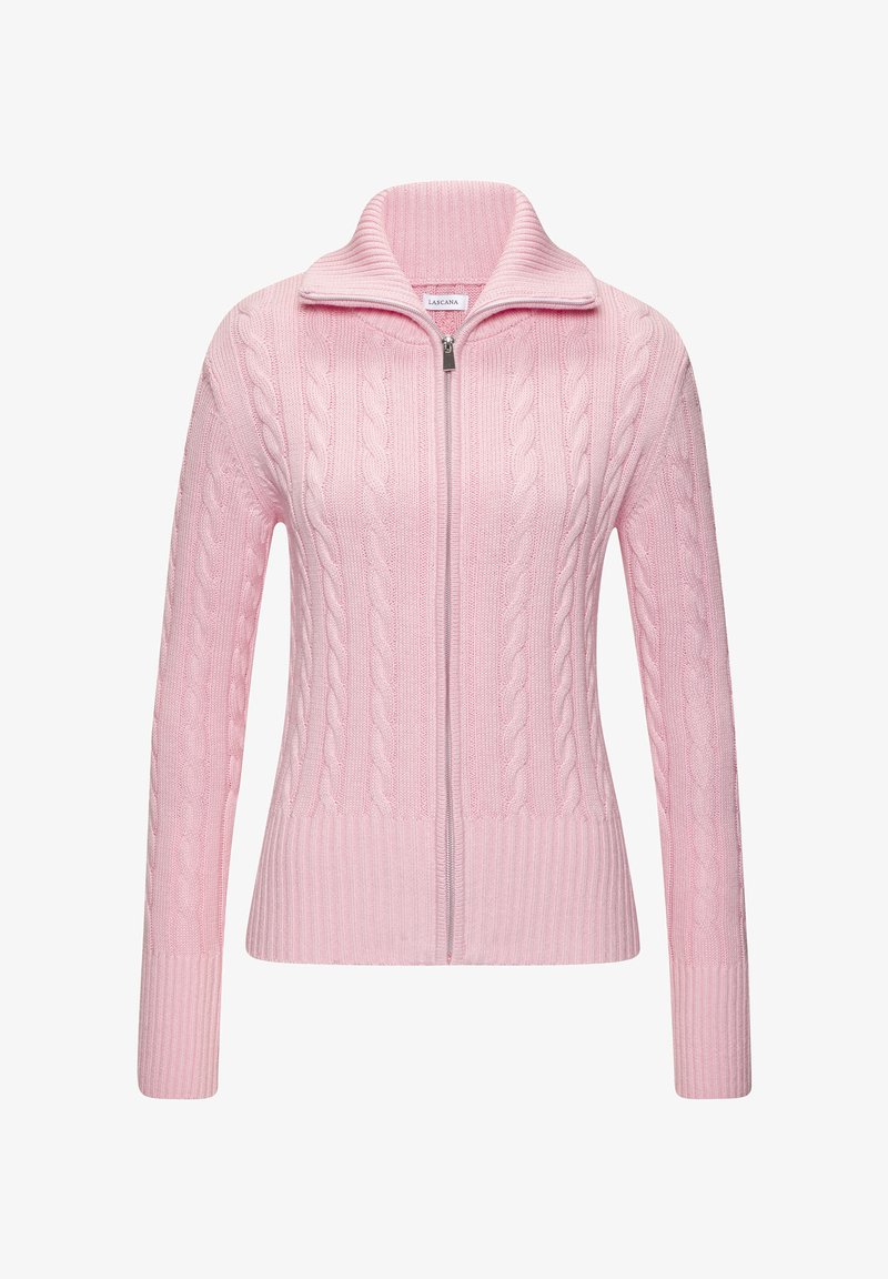 Pull en maille torsadée rose clair à fermeture éclair, avec col haut et poignets et ourlet côtelés.