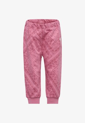 Różowe spodnie dla małego dziecka z wzorem paisley i kwiatowym na całej powierzchni, elastyczną talią oraz prążkowanymi ściągaczami przy kostkach.