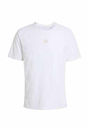 Weißes, kurzärmliges Sport-T-Shirt aus atmungsaktivem Material. Verfügt über ein dezentes, off-white Adidas-Logo auf der Brustmitte. Glatte Textur.