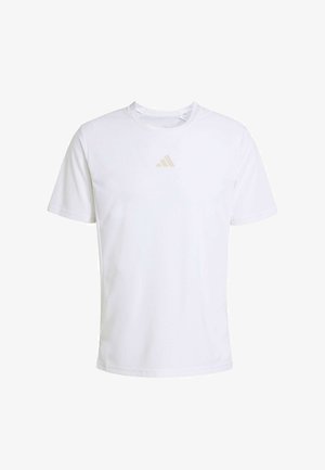 Weißes, kurzärmliges Sport-T-Shirt aus atmungsaktivem Material. Verfügt über ein dezentes, off-white Adidas-Logo auf der Brustmitte. Glatte Textur.
