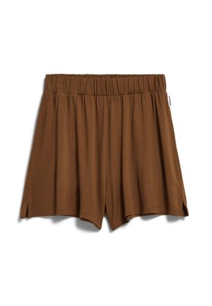 Brown elastic-waist shorts with small side slits, lightweight fabric, and a white brand tag on the right side seam.