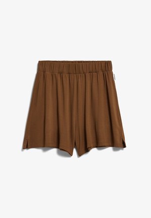 Brown elastic-waist shorts with small side slits, lightweight fabric, and a white brand tag on the right side seam.
