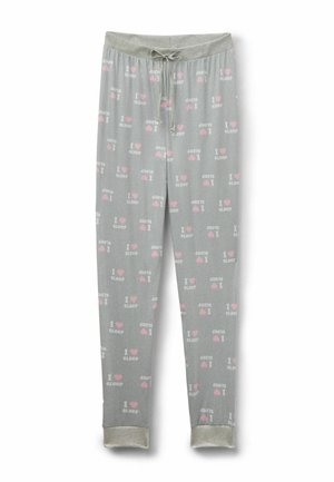 Graue Pyjamahose aus weichem Stoff; mit dem wiederholten rosa Schriftzug "Ich liebe Schlaf" versehen, mit einem Bündchen mit Kordelzug und elastischen Abschlüssen.
