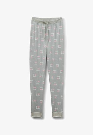 Graue Pyjamahose aus weichem Stoff; mit dem wiederholten rosa Schriftzug "Ich liebe Schlaf" versehen, mit einem Bündchen mit Kordelzug und elastischen Abschlüssen.