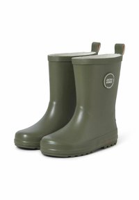 Bottes de pluie en caoutchouc vert avec un bord supérieur texturé, un logo sur le côté et des cordons de traction. Elles possèdent une semelle robuste et antidérapante.