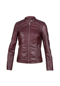 Burgundská kožená bunda s vyvýšeným límcem, předním zipem a dvěma bočními zipovými kapsami; obsahuje šité detaily na rukávech.