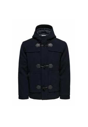 Marineblauer Wollmantel mit Kapuze, Toggle-Verschlüssen und zwei vorderen Taschen. Verfügt über ein gesteppteres Futter und eine strukturierte Form für Wärme.