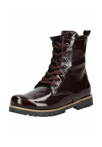 Bota de tacón de charol burdeos con cordones, punta redonda, suela de goma y ojetes metálicos, con una lengüeta en la parte trasera.