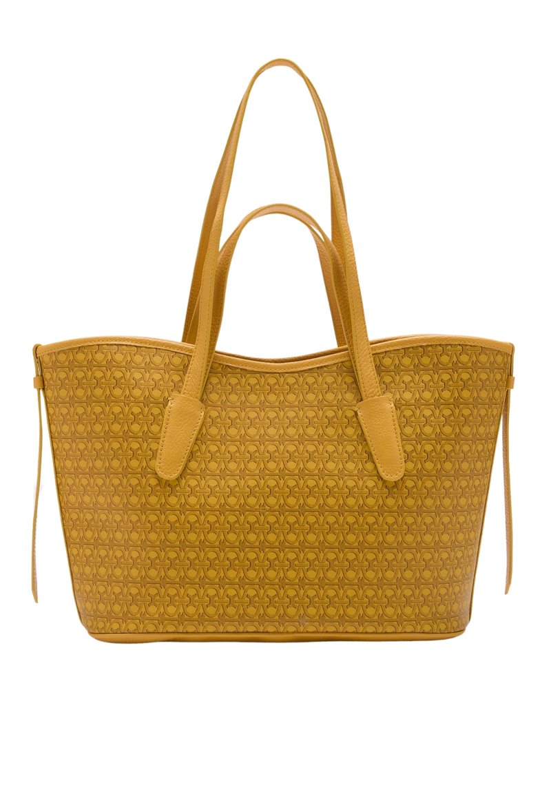 Borsa a tracolla in pelle gialla con motivo in rilievo, manici doppi e design spazioso. Presenta una texture liscia e bordi finemente rifiniti.